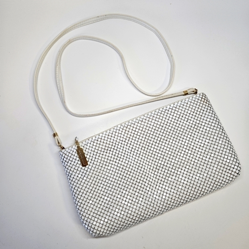 VINTAGE Whiting and Davis White Metal Mesh Convertible Crossbody Clutch Bag